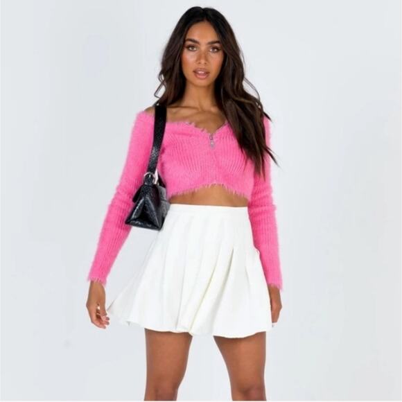 The Ragged Priest Bubblegum Pink Cropped Eyelash Knit Zip Front Sweater Small - Picture 1 of 6